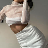 2024 herbst Elegante Sehen Durch Langarm Mock Neck Frauen Tops Mode Streetwear Sexy T-Shirts Tees Schlank Kleidung